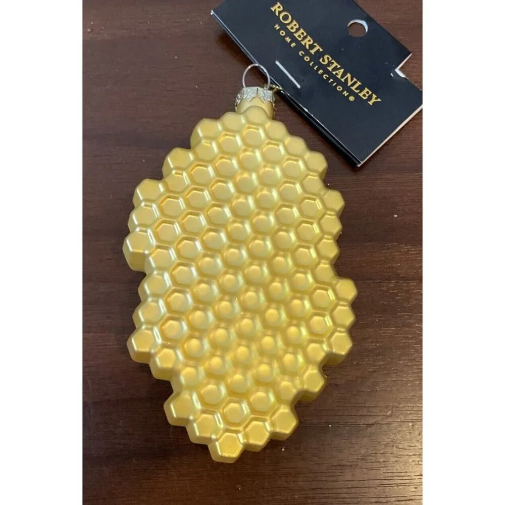Robert Stanley Honeycomb Bee Glass Christmas Holiday Ornament Gold Yellow NEW‎